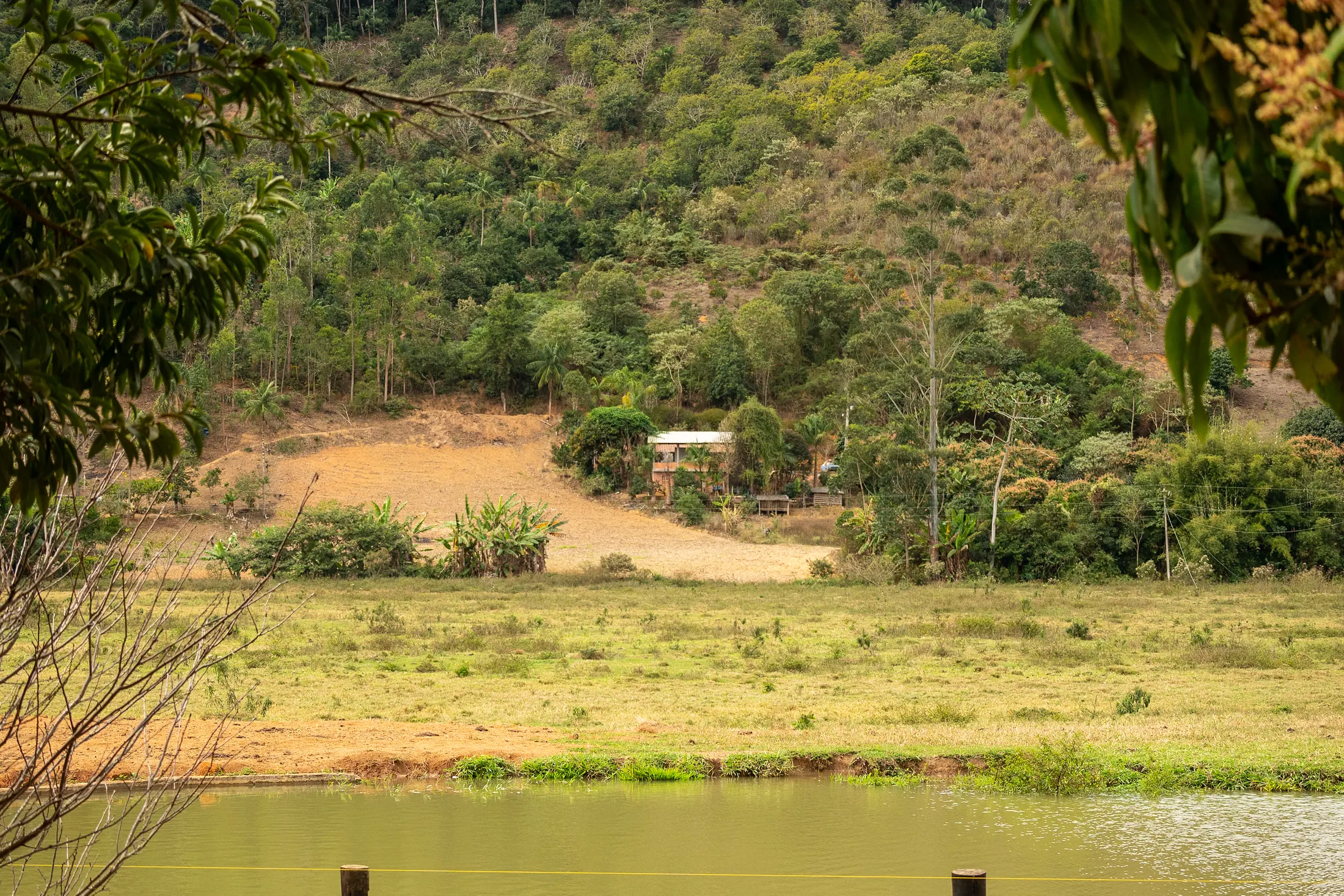 Açude, pasto e mata no relevo do território